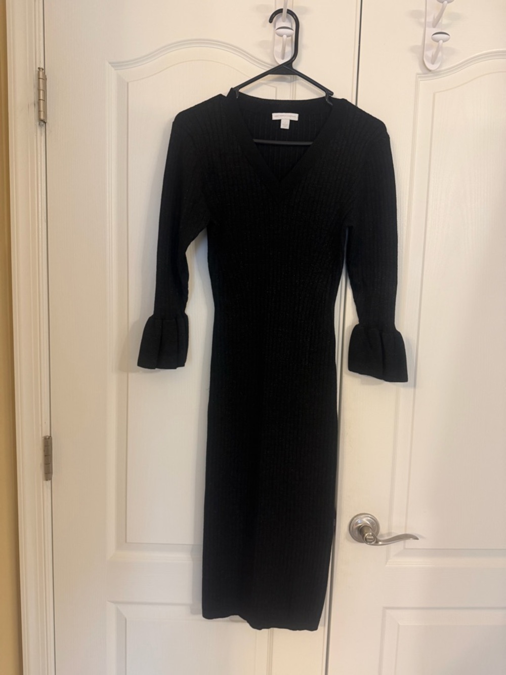 New York & Company Black V-Neck Ribbed Midi stretch Dress with Fluted Cuffs